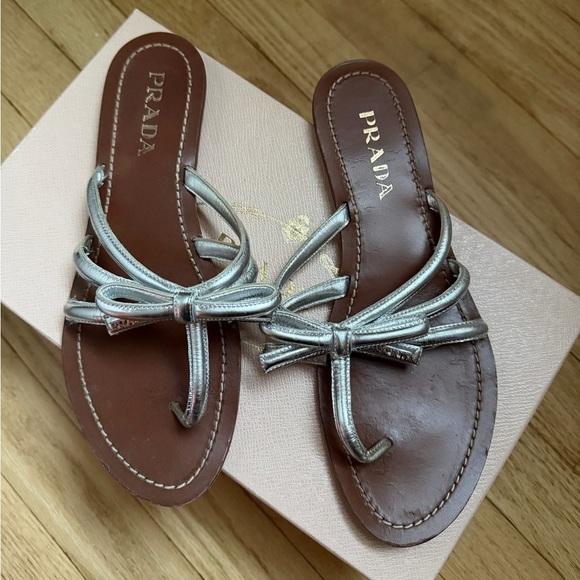 Prada Shoes - Prada Silver Leather Bow Sandals